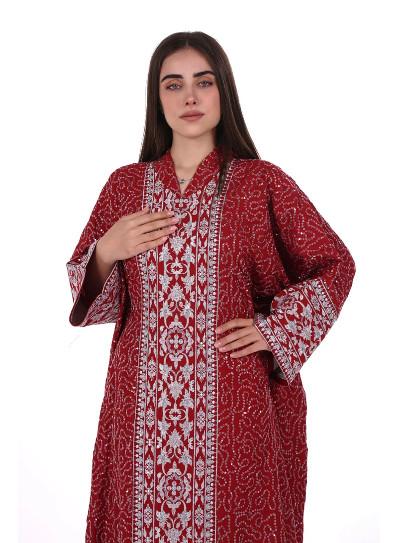AL BENT AL SHARQIEH red Embroidered Linen Jalabiya dress with unvisible belt for Women | Best Price UAE